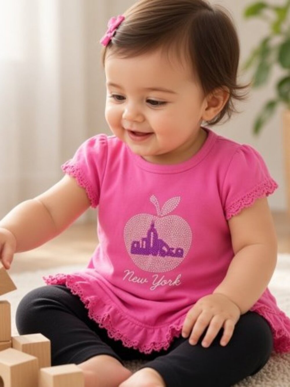 KAVIO Pink NEW YORK Beaded Top Black Leggings Set Girls 18 months